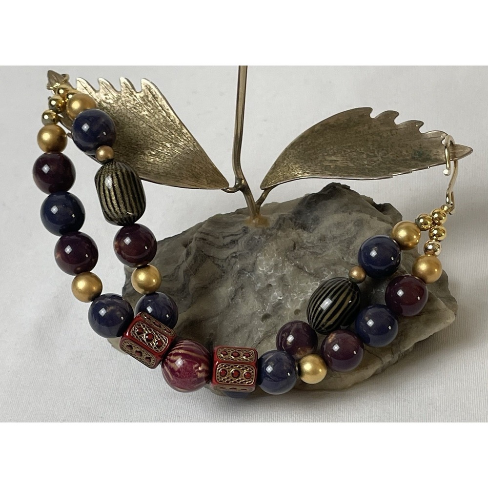 Vtg 80s 2-Row Beaded Bracelet Blue Red Gold Geometric Hook Clasp Tribal